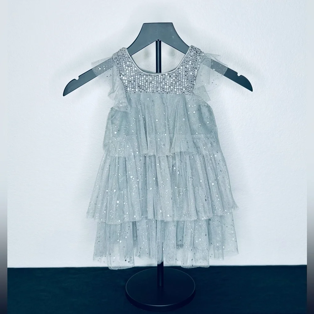 NNJXD Girls' Sparkling Silver Tiered Dress